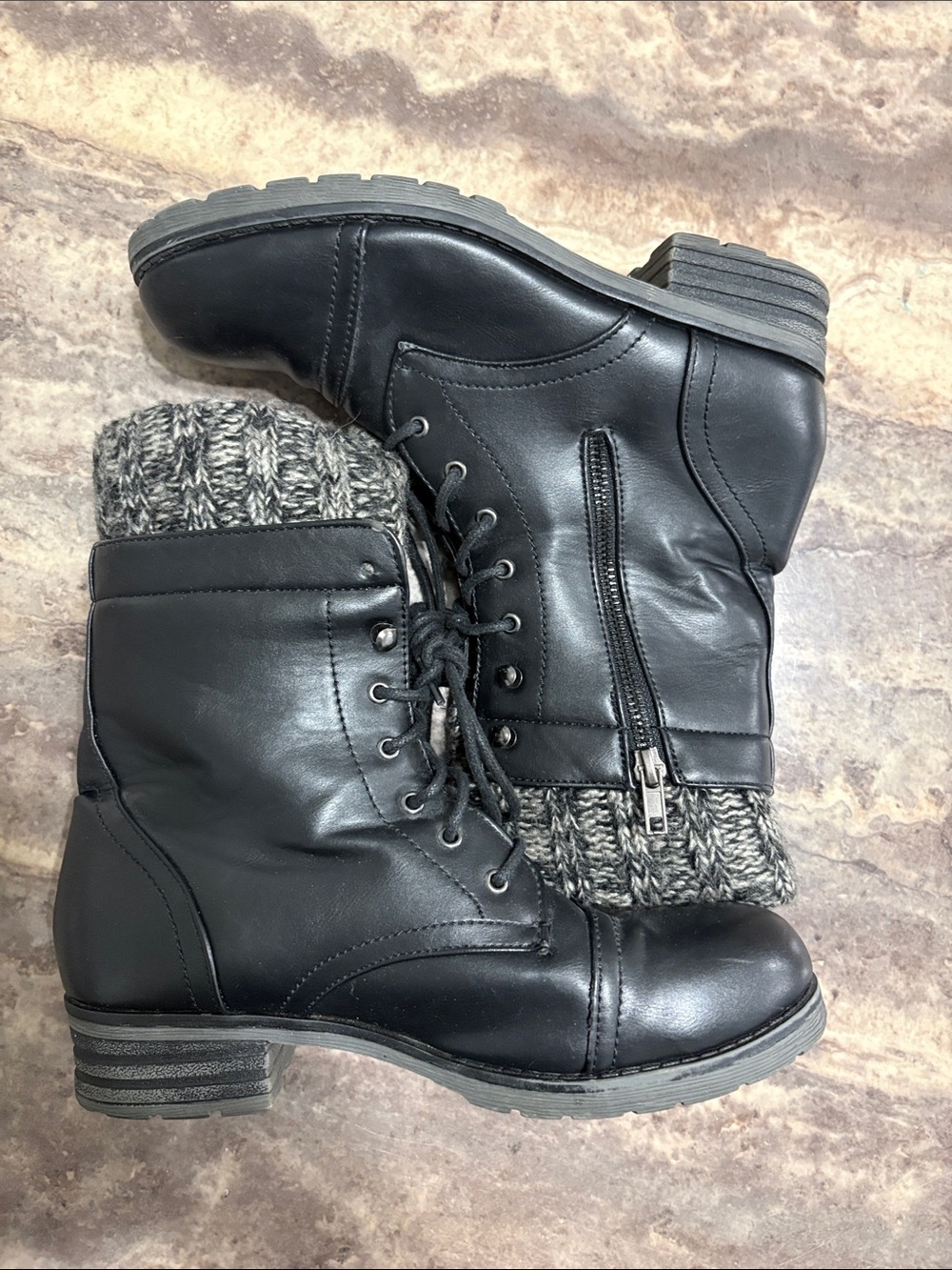 Women’s Black Knit-Cuff Lace-Up Ankle Boots